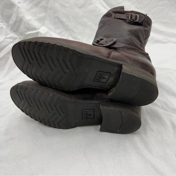Frye harness buckle strap brown leather mid calf boots moto riding motorcycle 7B - Picture 6 of 16